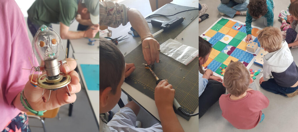 3 photos d'animations à Irigny : la fabrication de robots avec L'Atelier soudé et l'utilisation du robot éducatif Cubetto avec un jeune public.